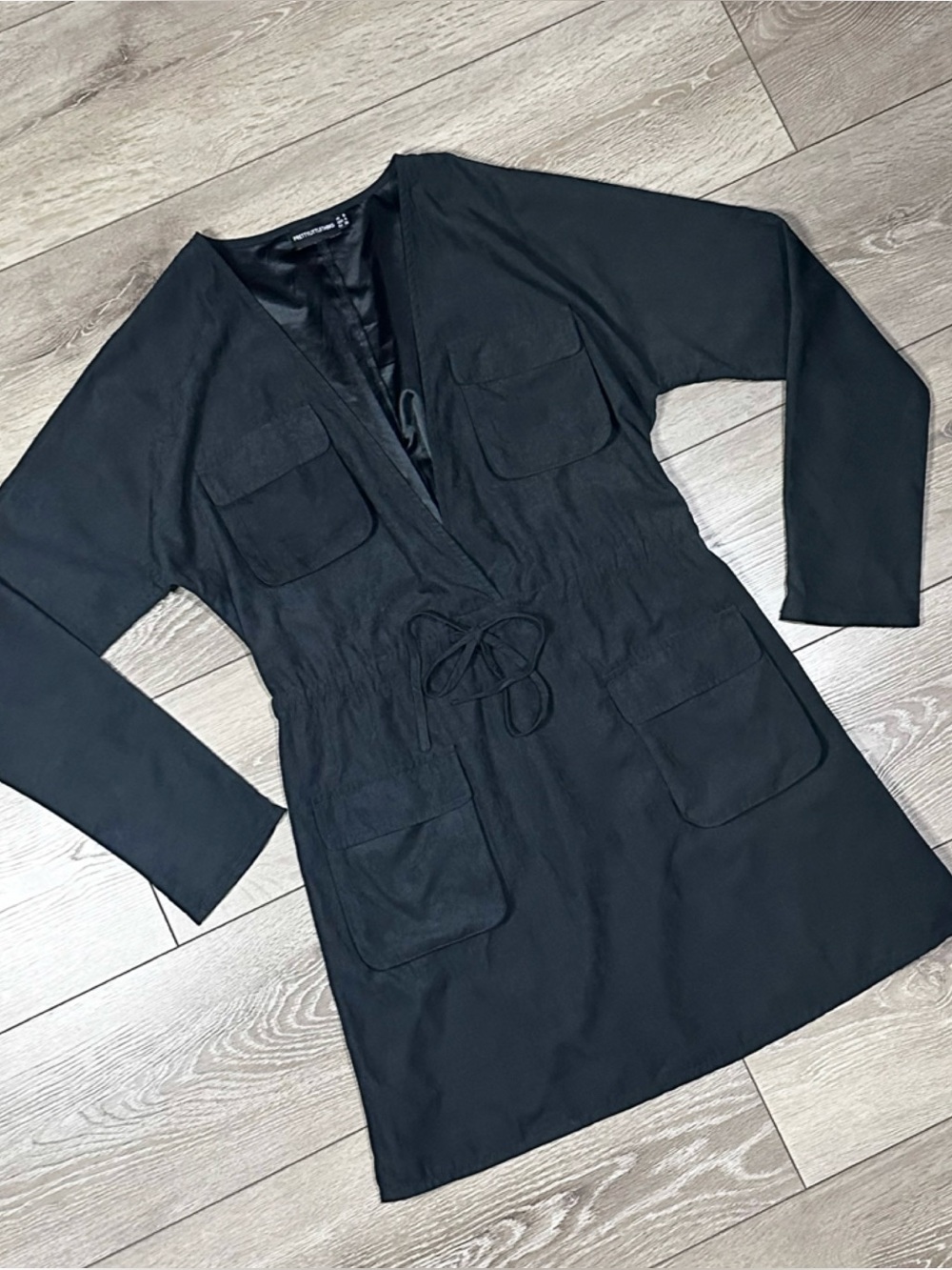 PrettyLittleThing Long Sleeve Washed Black Utility Mini Dress Gorpcore *Read*